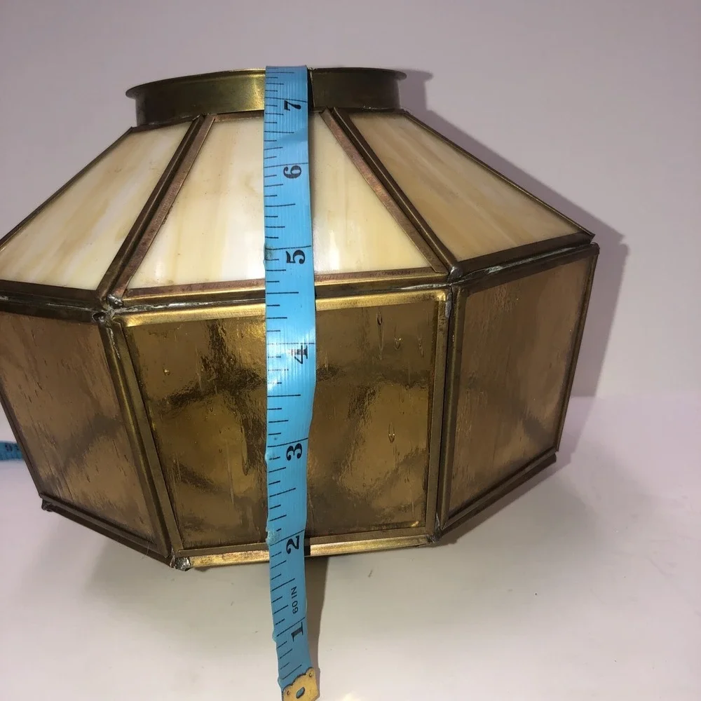 Vintage Amber Caramel Stained Glass Panels Lamp‎ Shade Ceiling Hanging Octagon